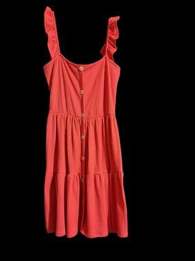 Caution To The Wind Coral Ruffled Strap Button-Front Dress
